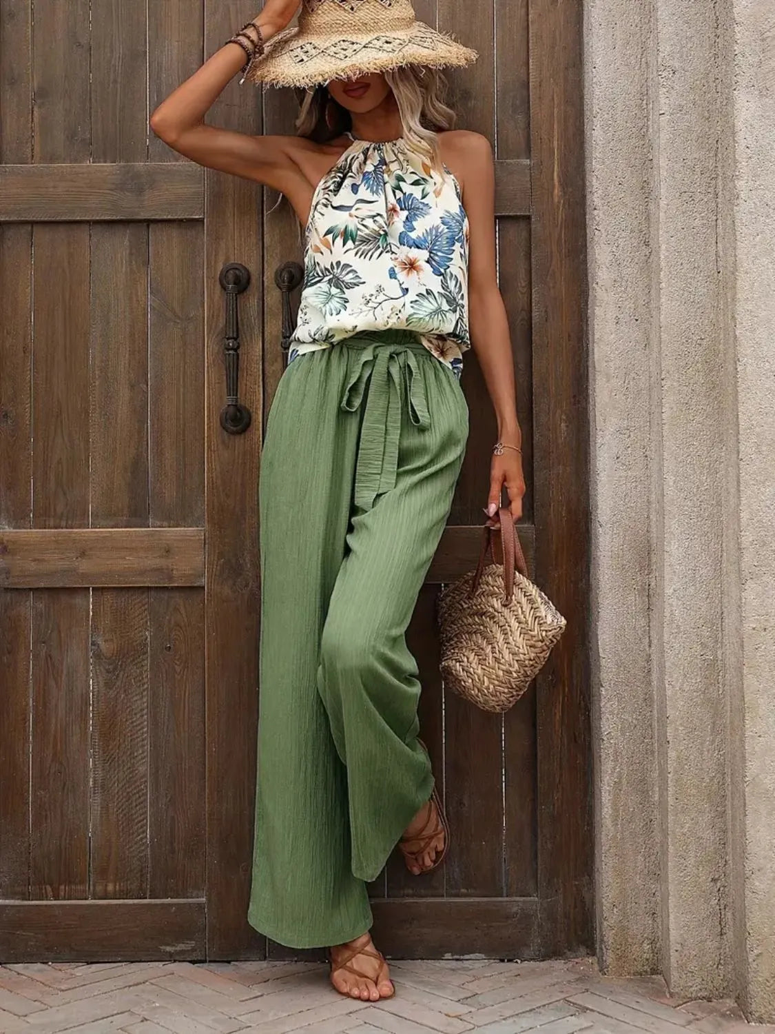 Printed Tank Top and Wide Leg Pants Set - Fashorio