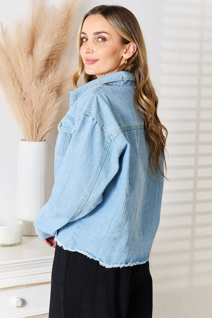 Double Take Dropped Shoulder Raw Hem Denim Jacket - Fashorio
