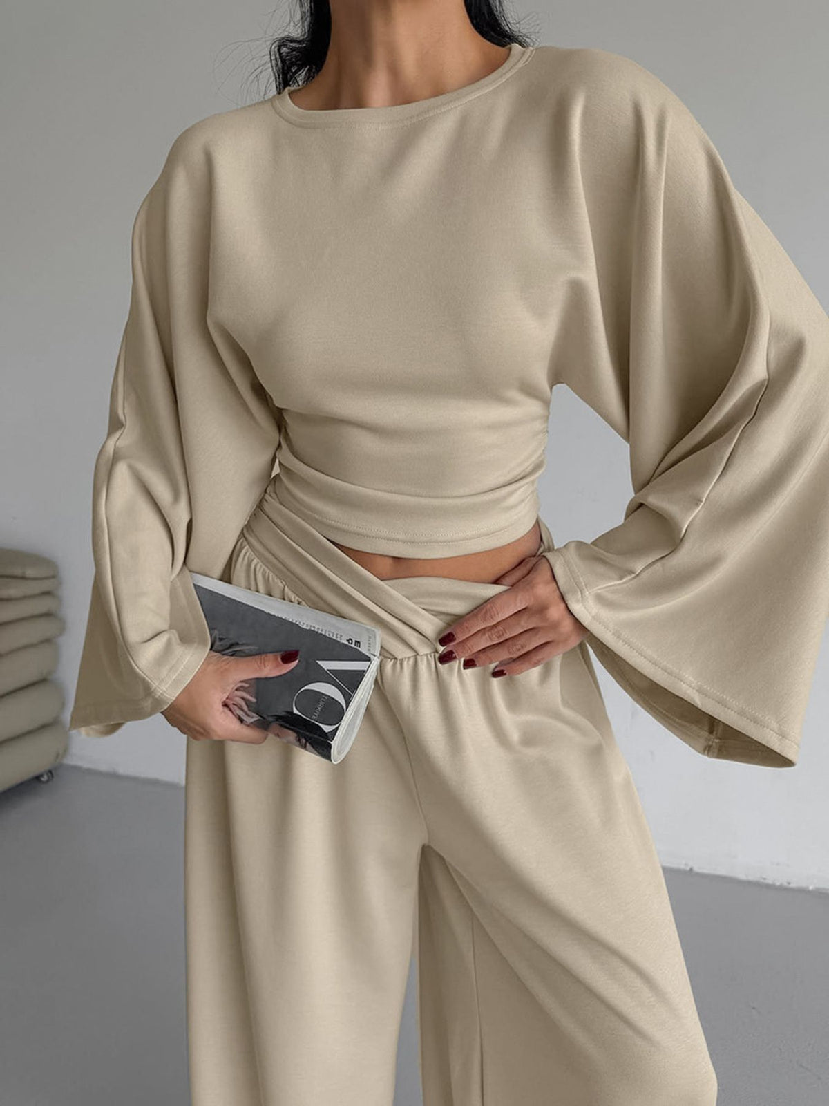 Wide leg pants drape close up