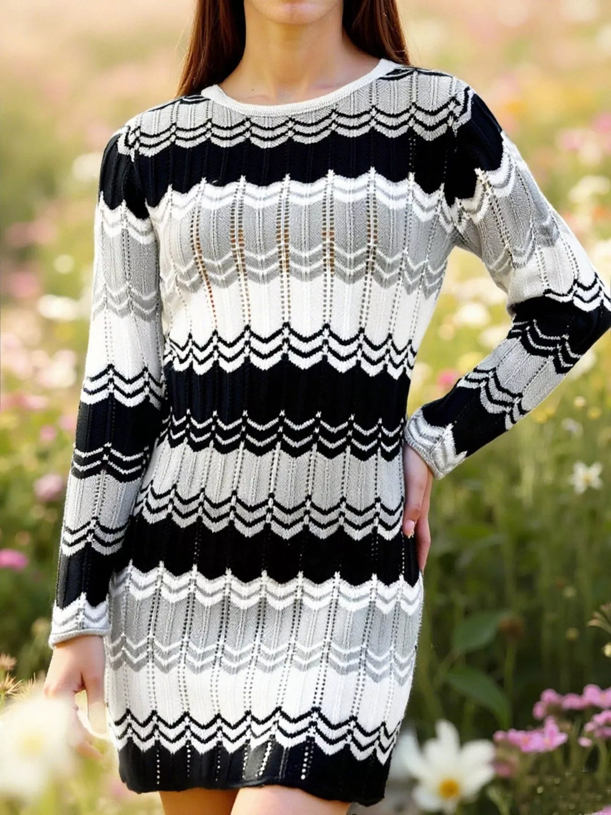 openwork wave pattern knit sweater dress full length view