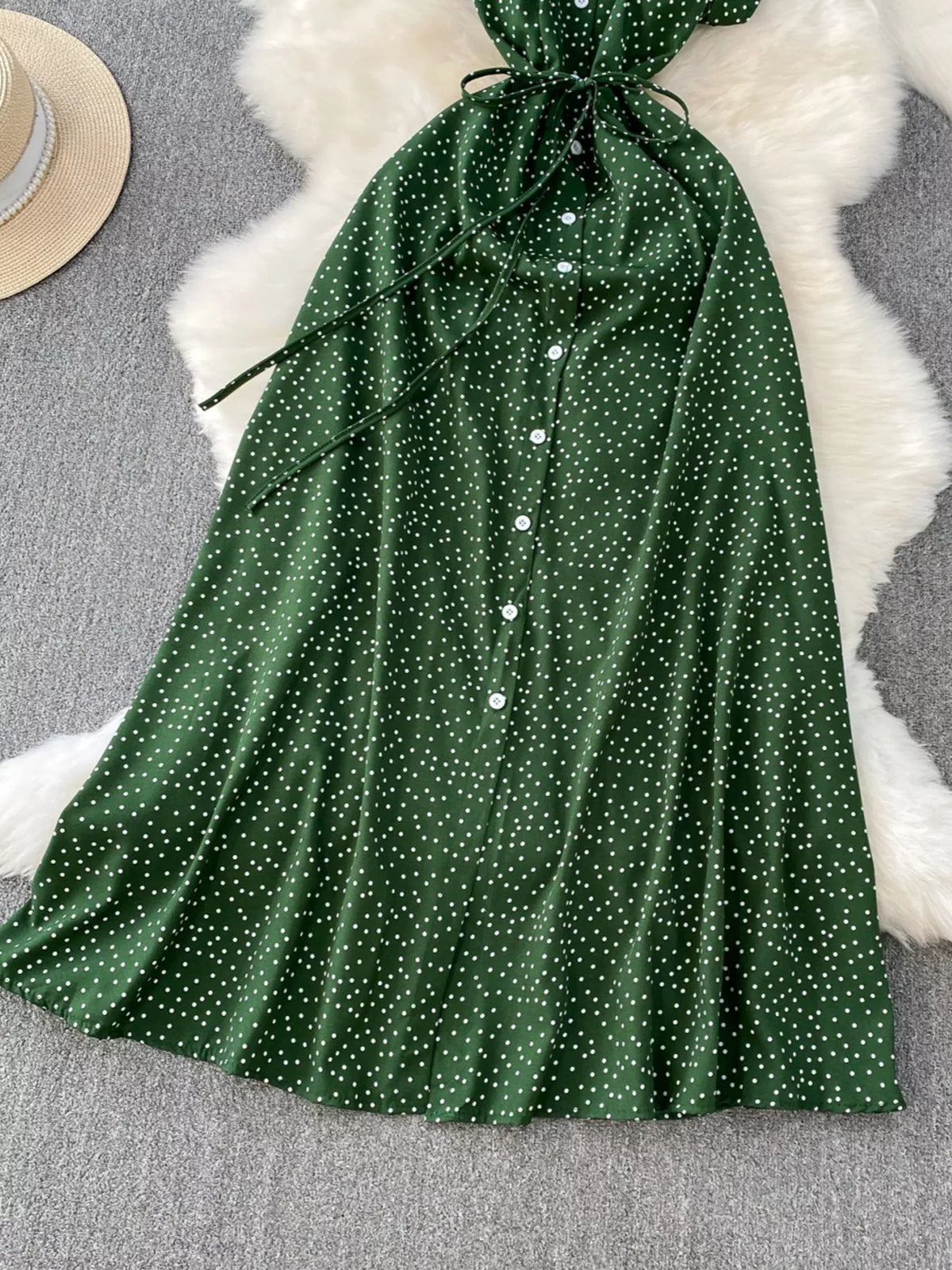 Green polka dot belted maxi dress back view