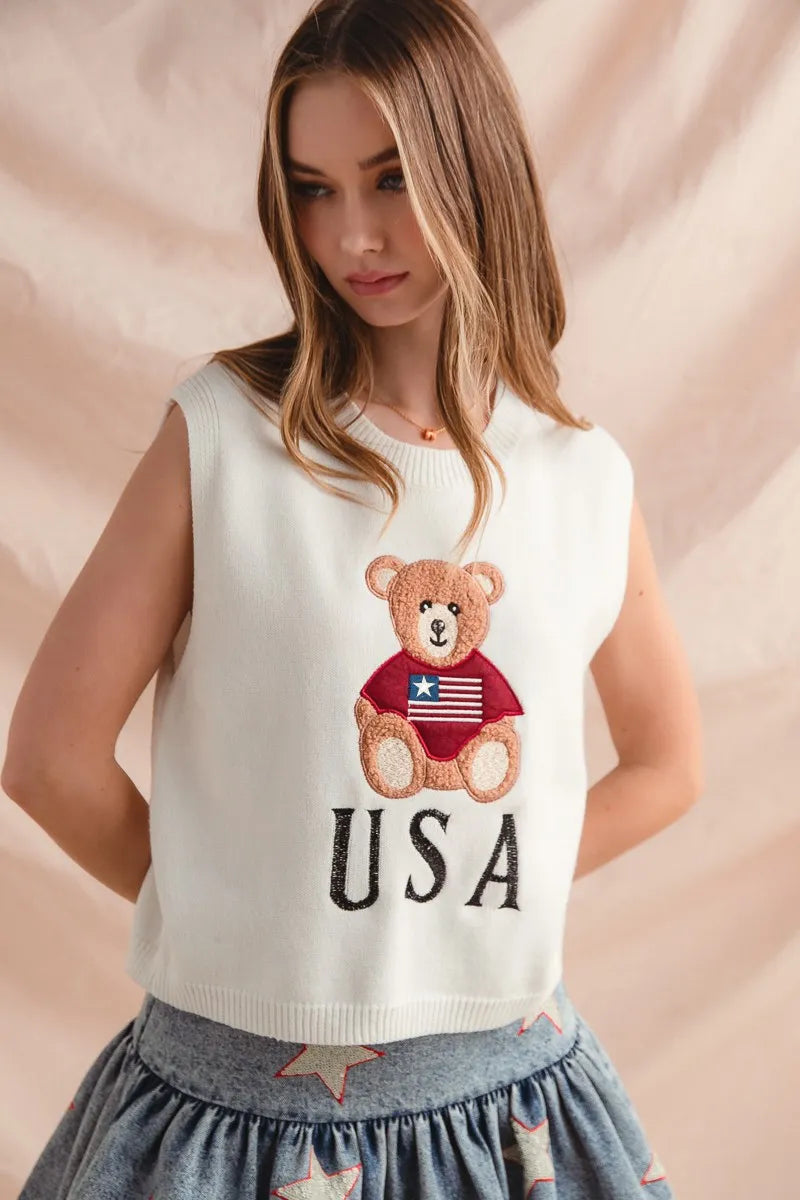 SO ME Teddy Bear Wearing An American Flag With Usa Embroidered Sweater Vest - Fashorio