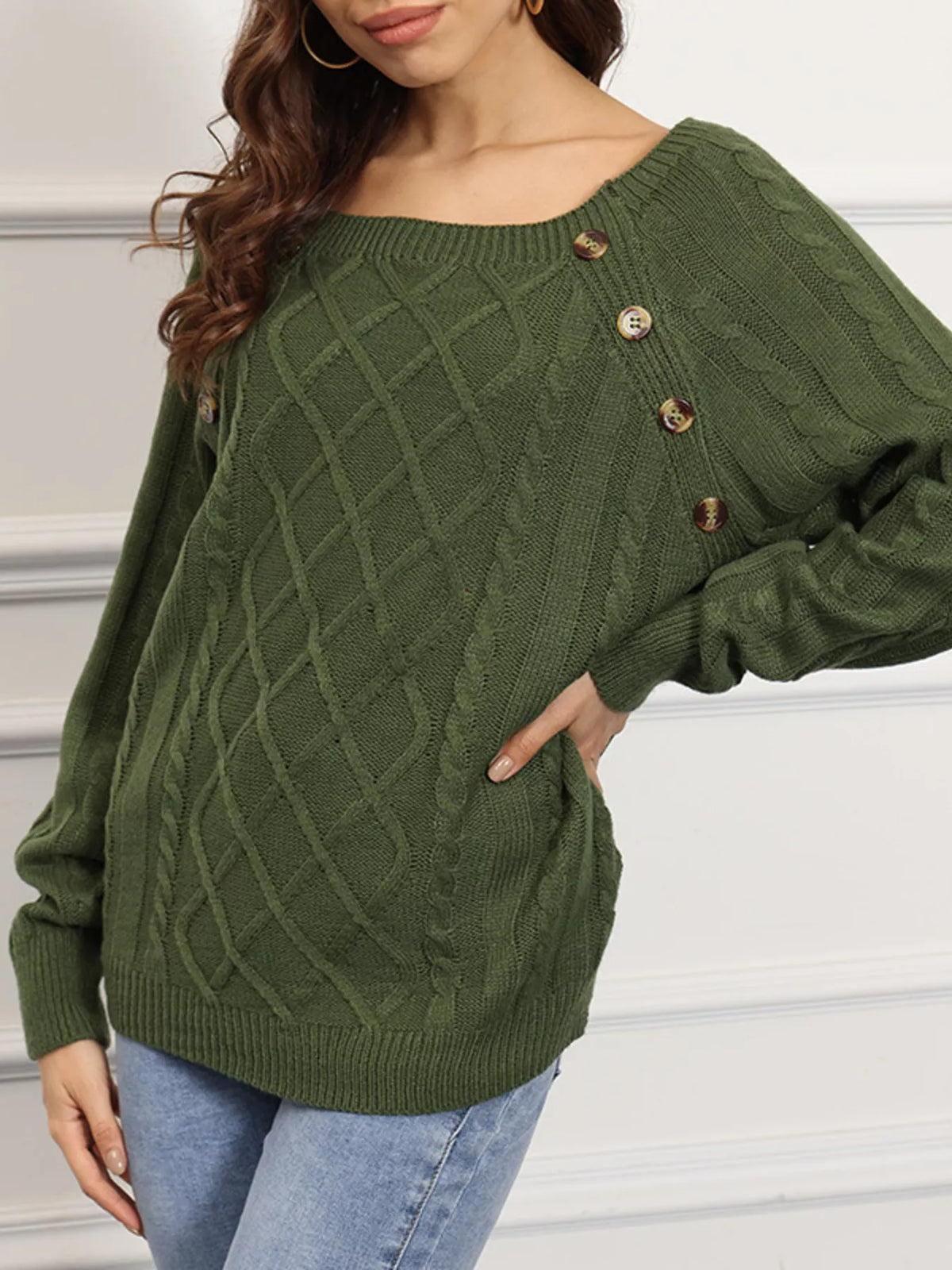 cable knit boat neck sweater back view