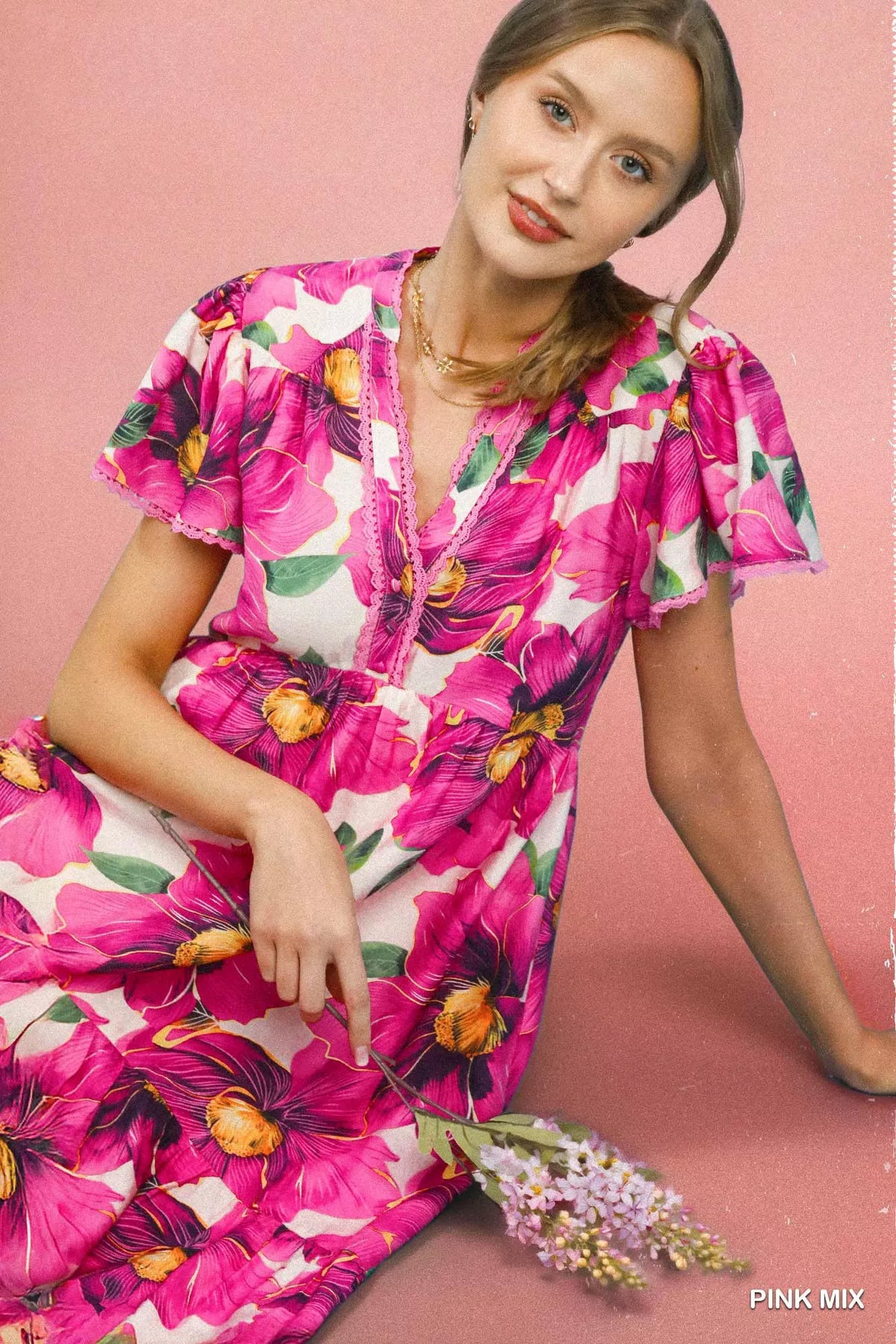 Pink tropical floral v neck flutter sleeve tiered midi dress styled view