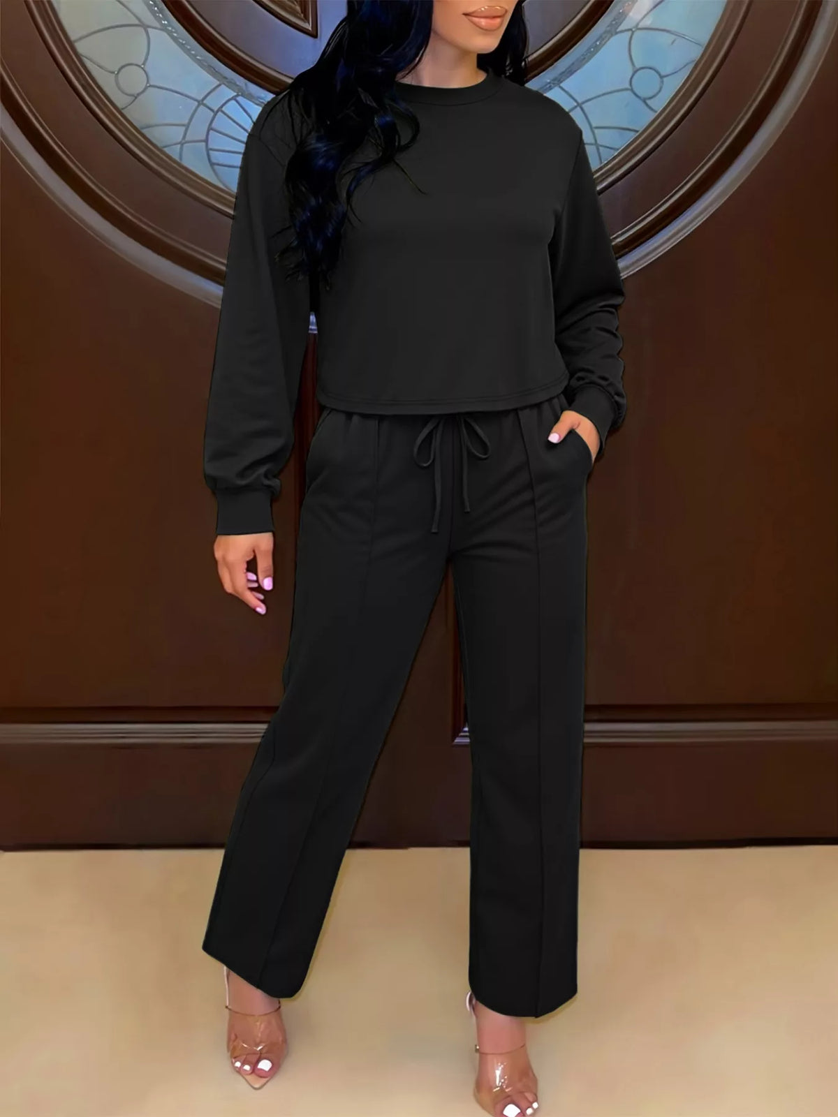 Long sleeve matching pants set styling