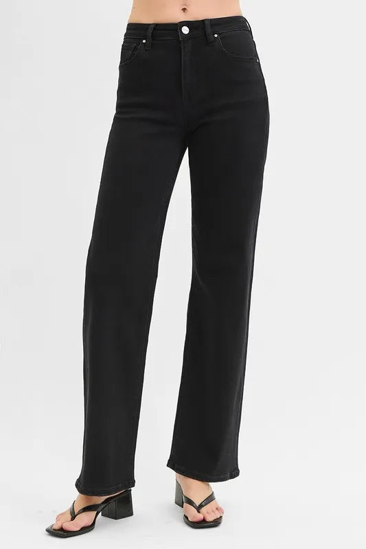 RISEN black wide leg jeans side profile