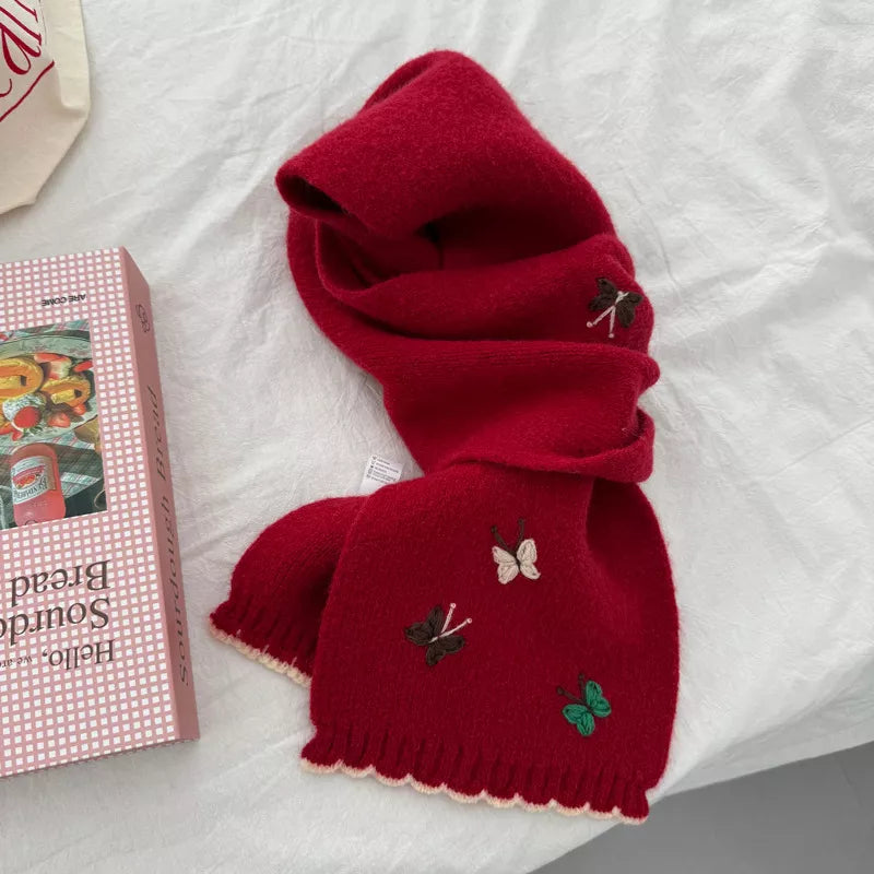 Full view of the butterfly embroidered knitted scarf