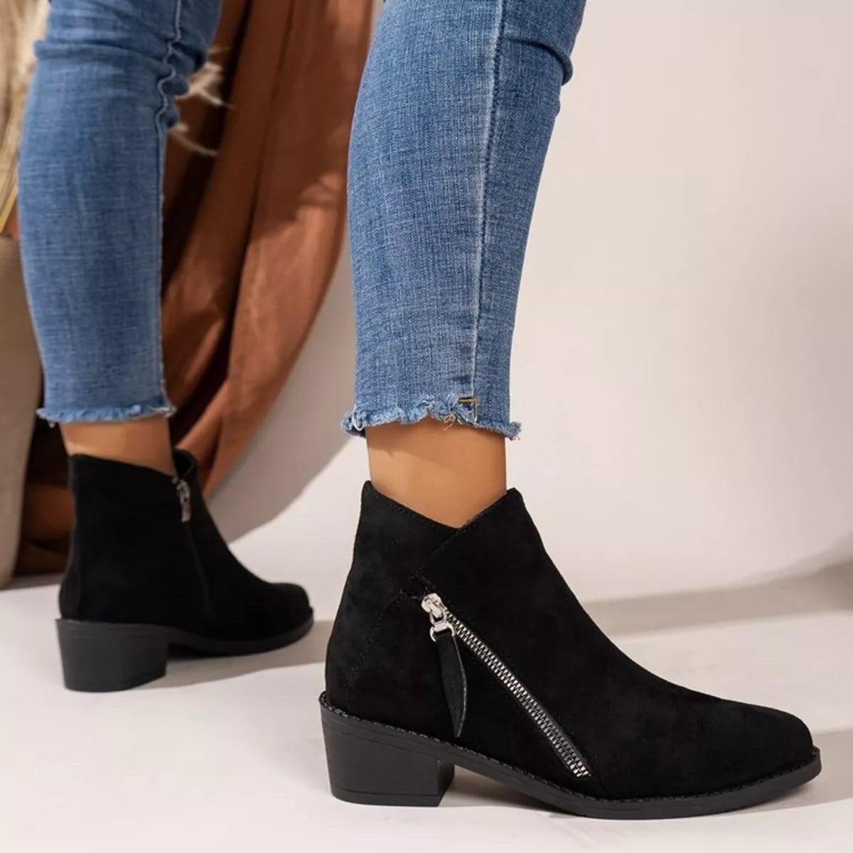 Caramel point toe block heels boots back heel view