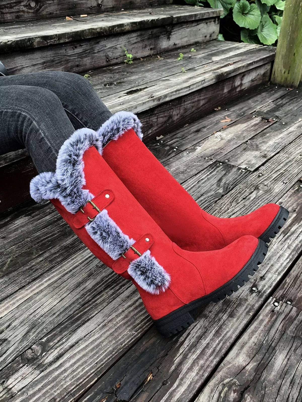 Suede round toe block heel boots angled view