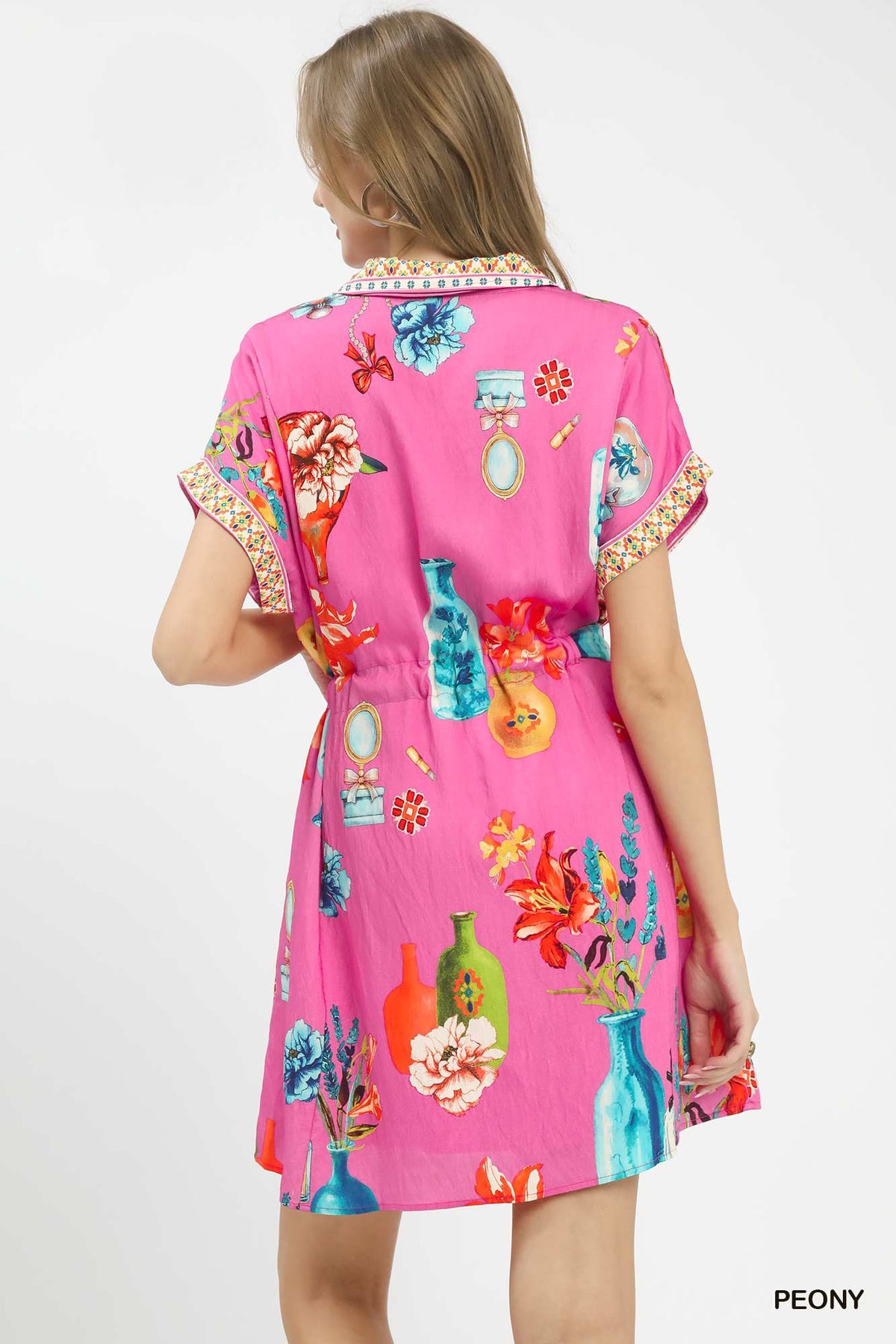 Floral Print Belted Mini Dress in Peony side view