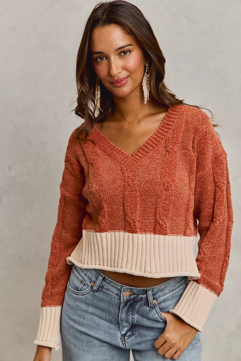 Chenille Cable Knit Cropped V Neck Sweater in Rust view 9