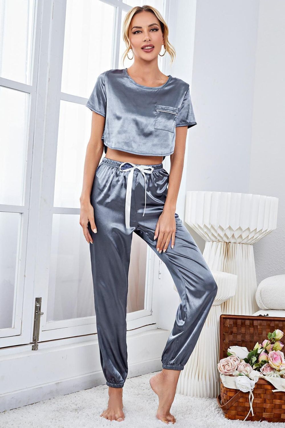 Satin Short Sleeve Crop Top and Joggers Lounge Set Steel - Fashorio