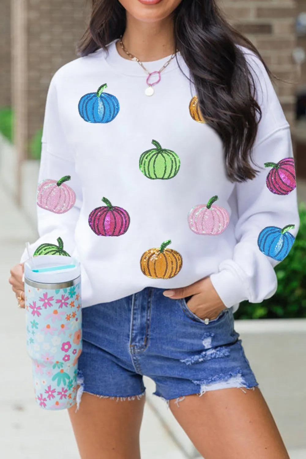 Pumpkin Round Neck Long Sleeve Sweatshirt - Fashorio