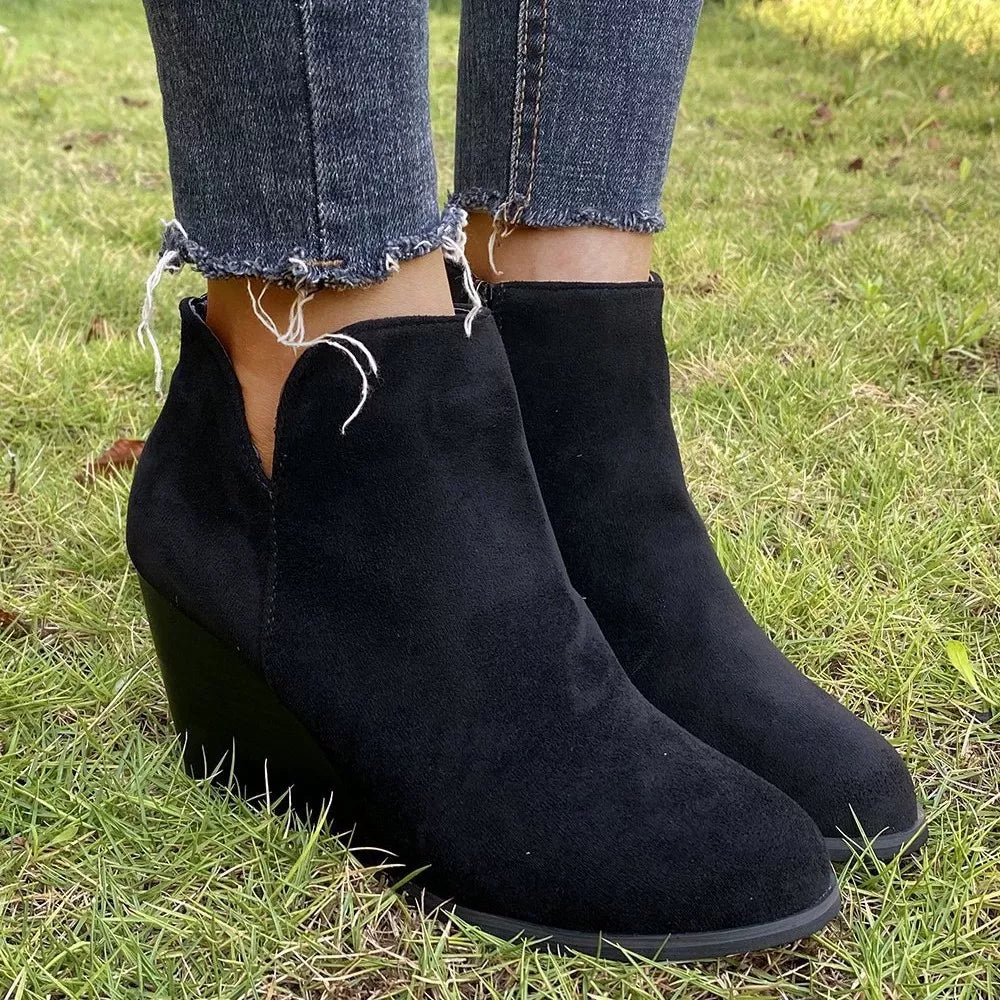black side zip wedge boots back view