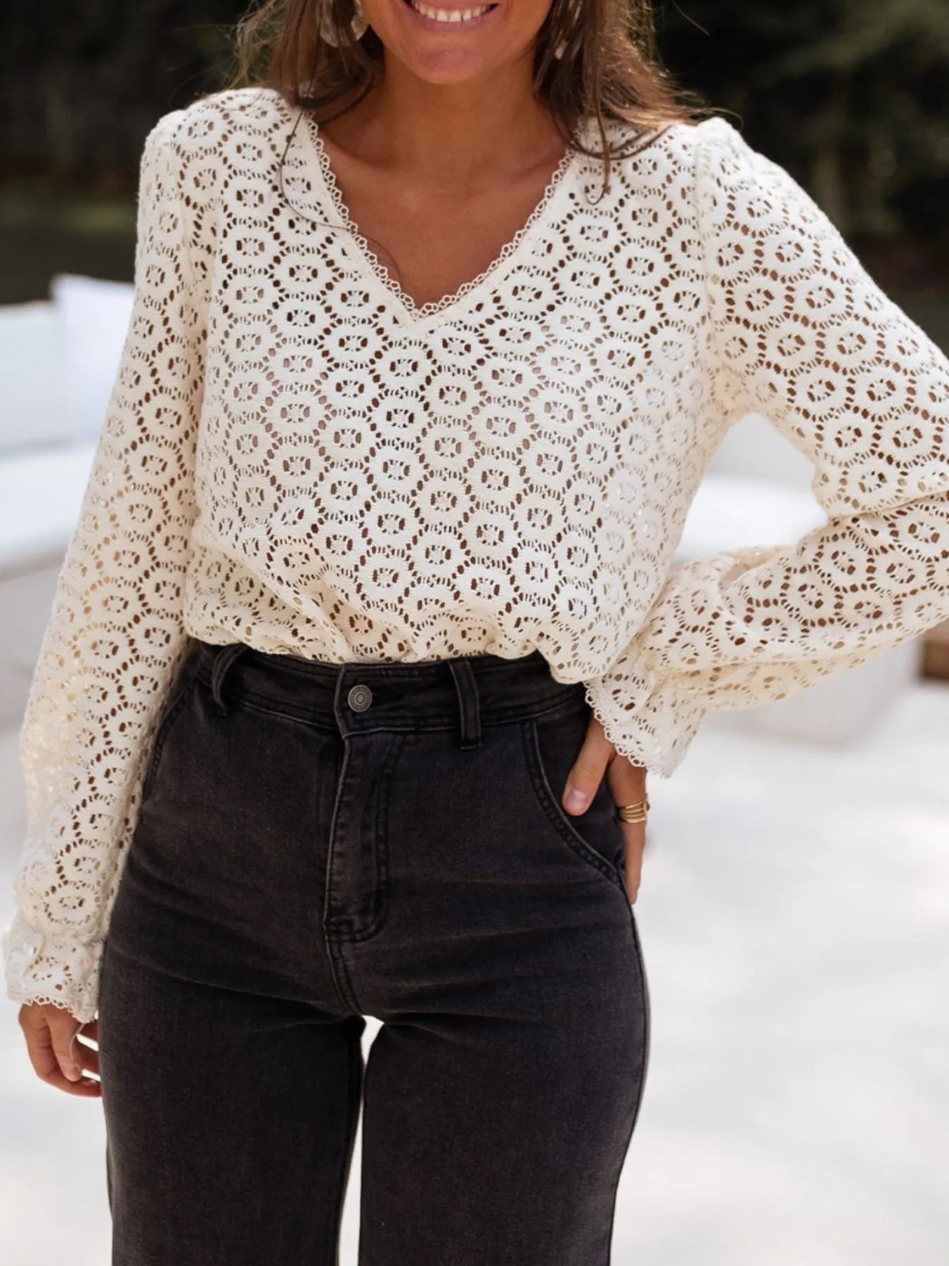Crochet Lace V-Neck Long Sleeve Blouse - Fashorio