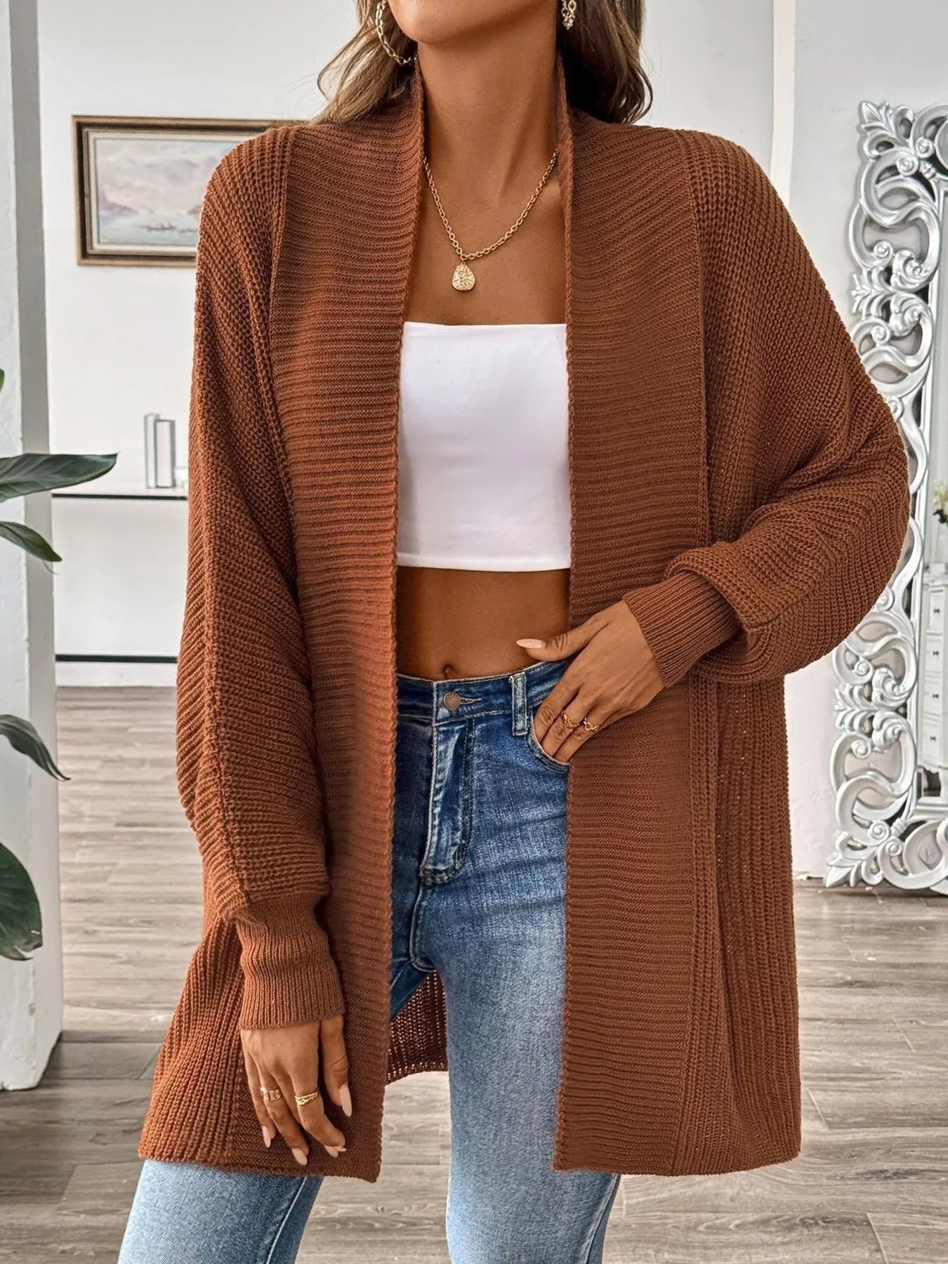 Oversized Knit Open Front Cardigan Brown One Size - Fashorio