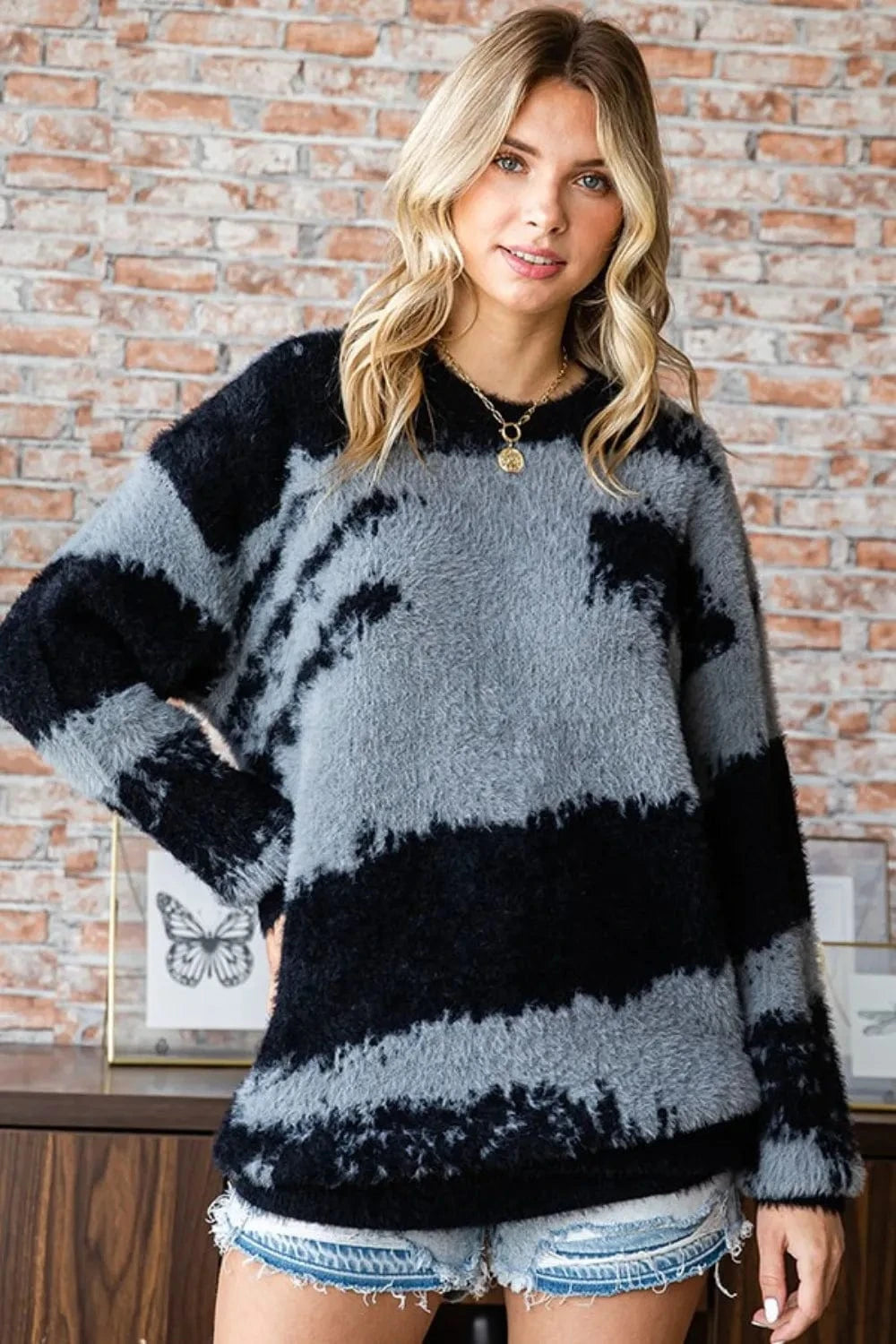 First Love Sweater Dresses First Love Full Size Abstract Pattern Contrast Feather Yarn Sweater