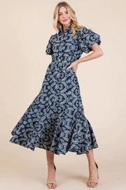 GeeGee dresses Navy / S GeeGee Natural Leaf Pattern Eyelet Lace Puff Sleeve Dress