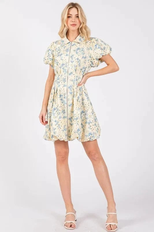 GeeGee Mini Dresses GeeGee Floral Eyelet Zipper Front Puff Sleeve Mini Dress