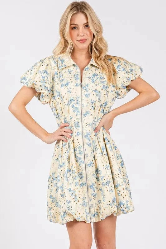 GeeGee Mini Dresses Pastel  Blue / S GeeGee Floral Eyelet Zipper Front Puff Sleeve Mini Dress