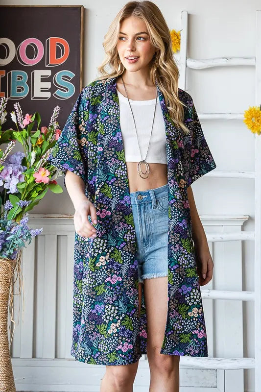 Heimish Trench Coats Heimish Full Size Half Sleeve Floral Open Cardigan Plus Size