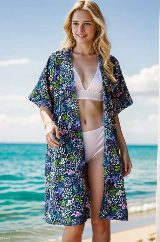 Heimish Trench Coats Navy / S Heimish Full Size Half Sleeve Floral Open Cardigan Plus Size