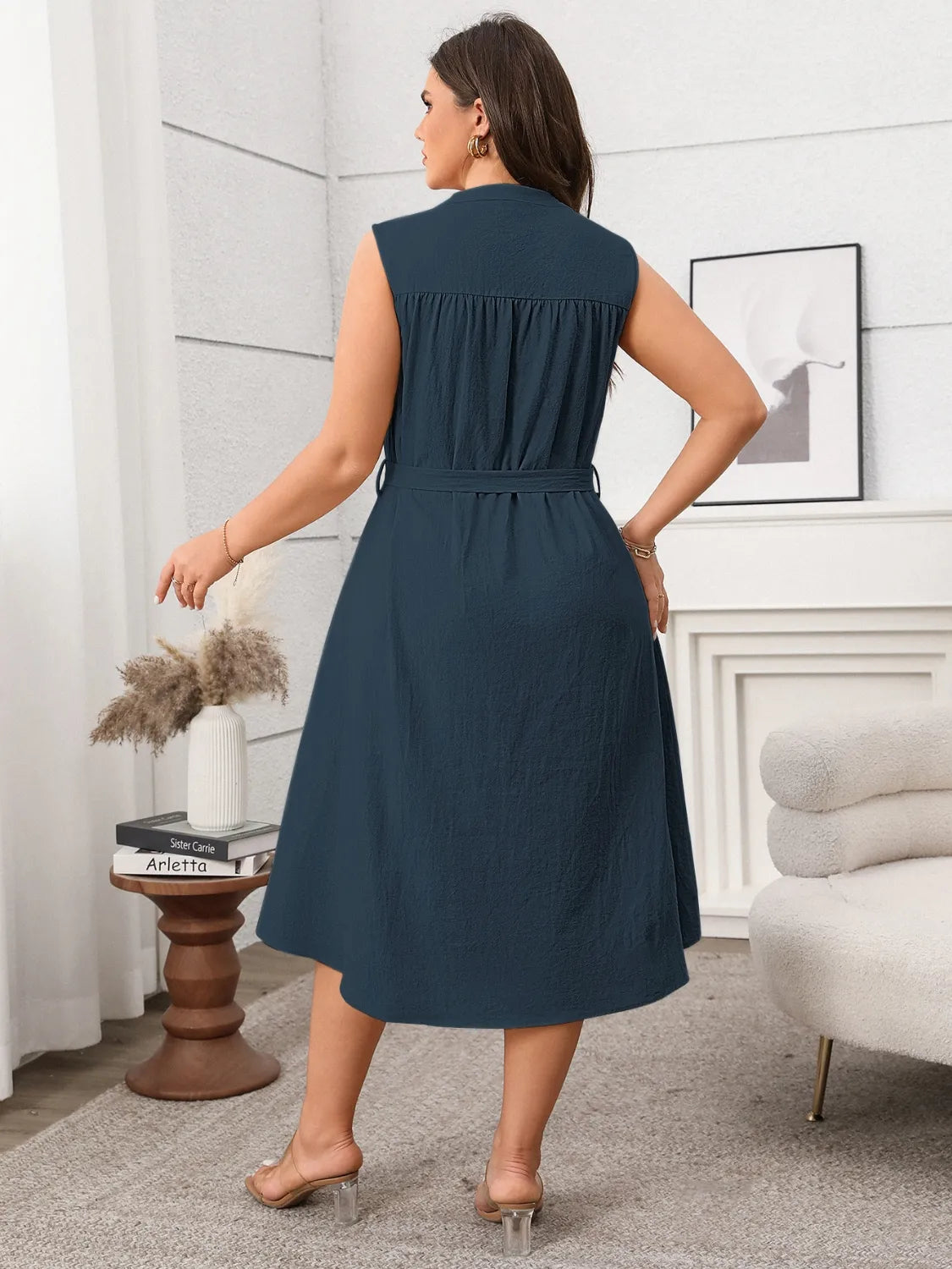 Honey Plus Size Button Front Tie Waist Sleeveless Dress