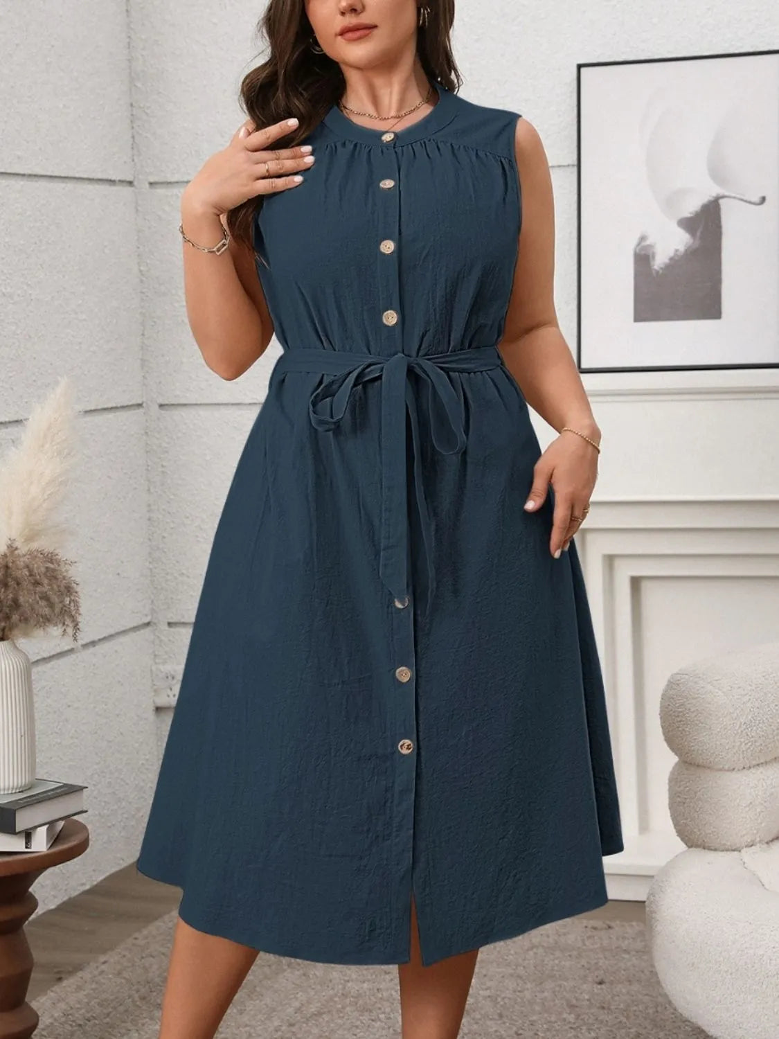 Honey Plus Size Button Front Tie Waist Sleeveless Dress