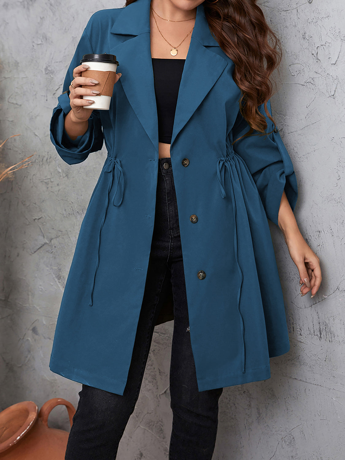 Honey Trench Coats Honey Plus Size Lapel Collar Drawstring Roll-Tab Sleeve Trench Coat