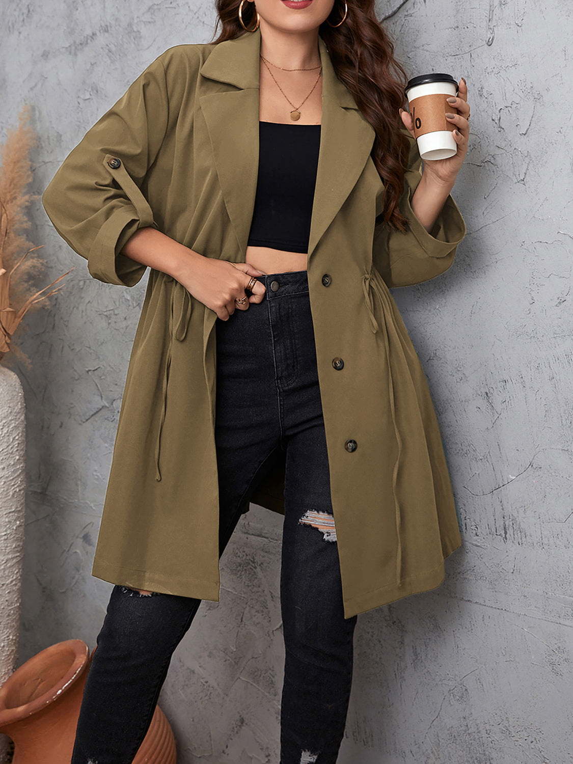 Honey Trench Coats Honey Plus Size Lapel Collar Drawstring Roll-Tab Sleeve Trench Coat
