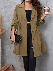 Honey Trench Coats Mocha / 1XL Honey Plus Size Lapel Collar Drawstring Roll-Tab Sleeve Trench Coat