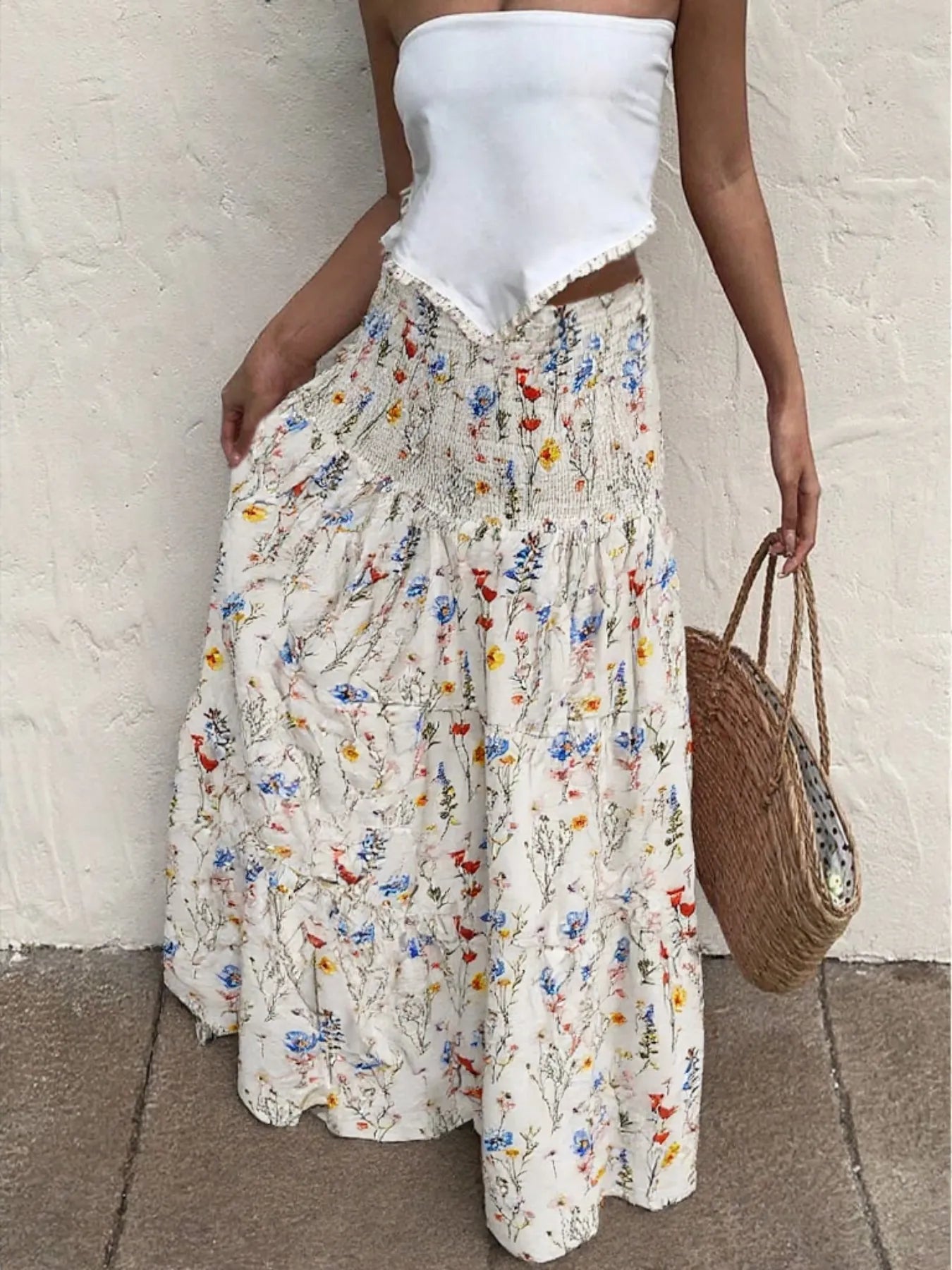 Honey White / S Floral Tiered Maxi Skirt