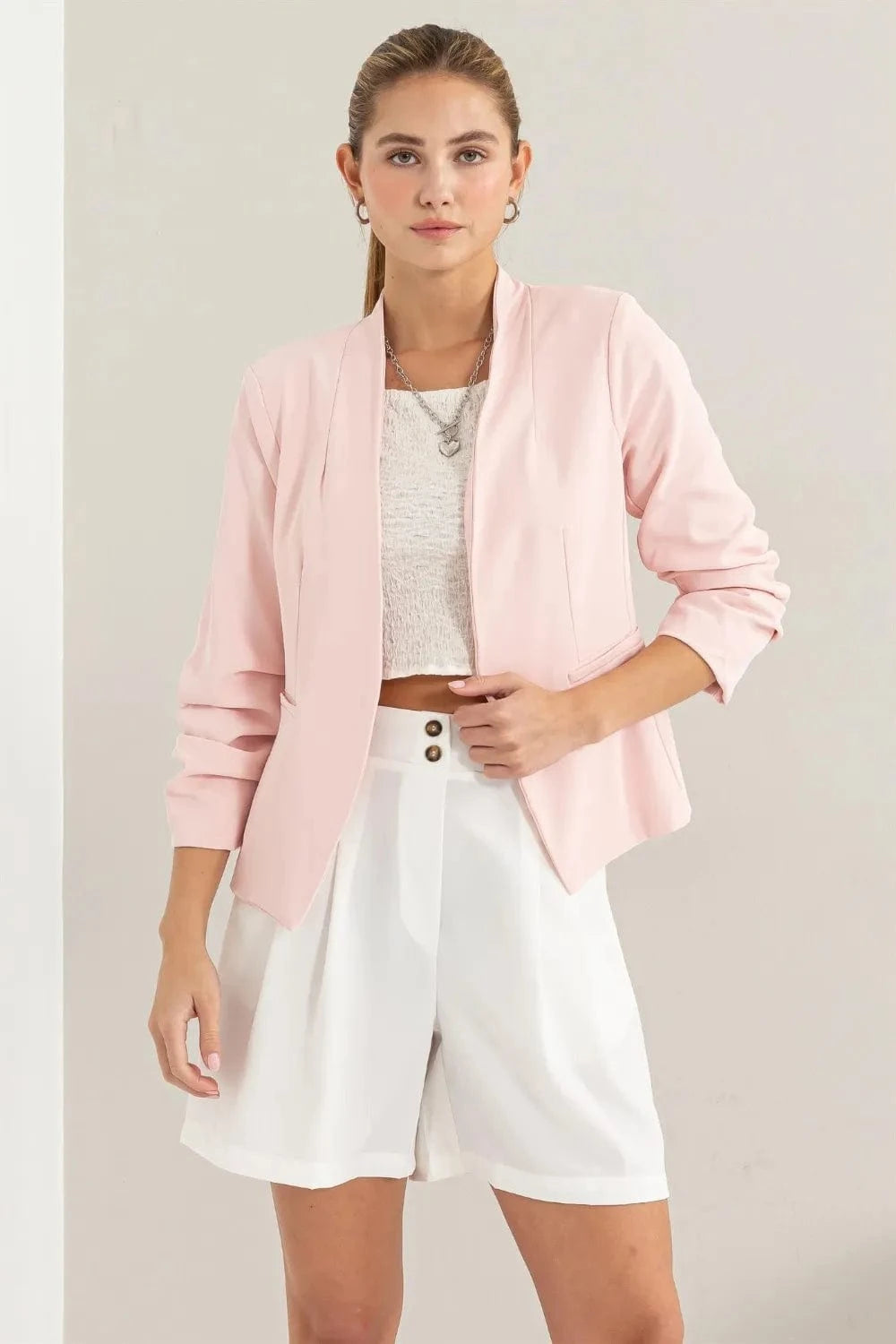 HYFVE Blazers Blush / S HYFVE Open Front Ruched Sleeve Blazer