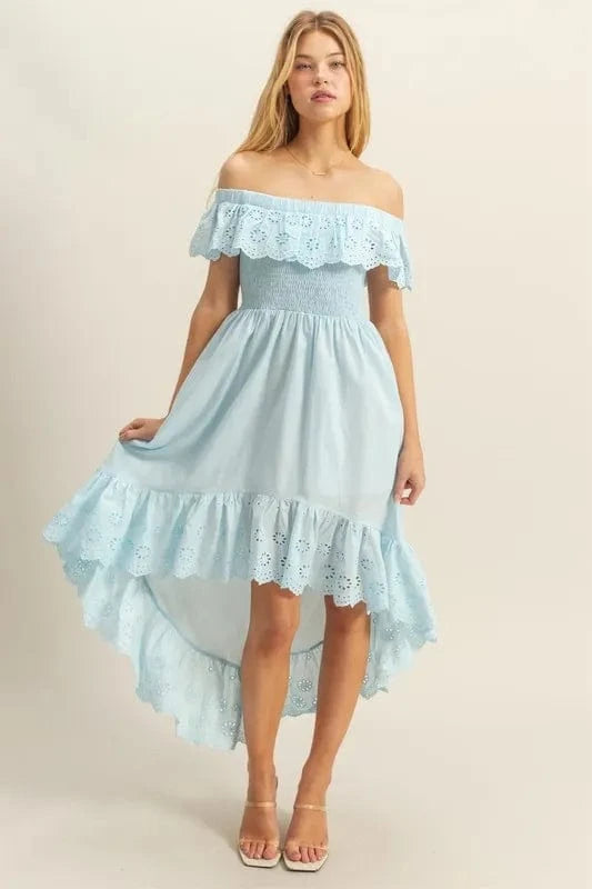 HYFVE dresses HYFVE High-Low Eyelet Ruffled Off-Shoulder Dress