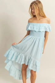 HYFVE dresses Pastel  Blue / S HYFVE High-Low Eyelet Ruffled Off-Shoulder Dress