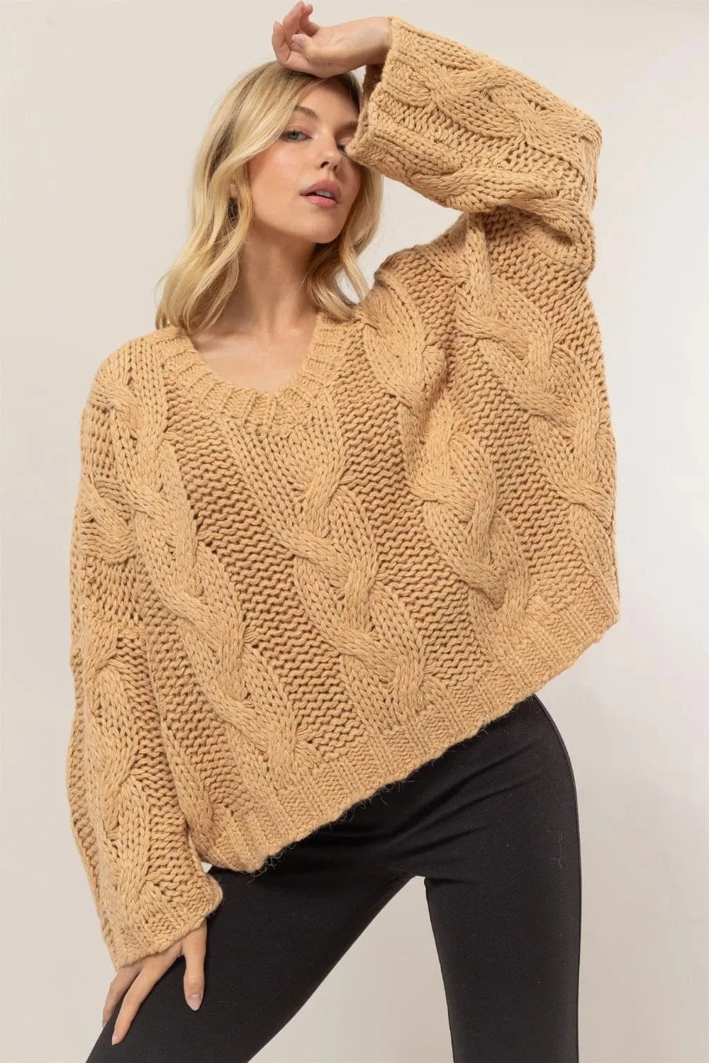 HYFVE Sweater Dresses Taupe / S HYFVE Cable Knit V-Neck Sweater