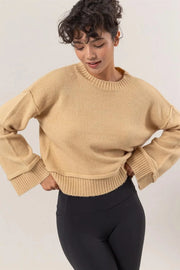 HYFVE Sweater Dresses Taupe / S HYFVE Round Neck Dropped Shoulder Ribbed Sweater