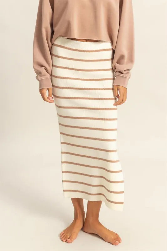 HYFVE Tan / S HYFVE Side Slit Striped Bodycon Sweater Skirt