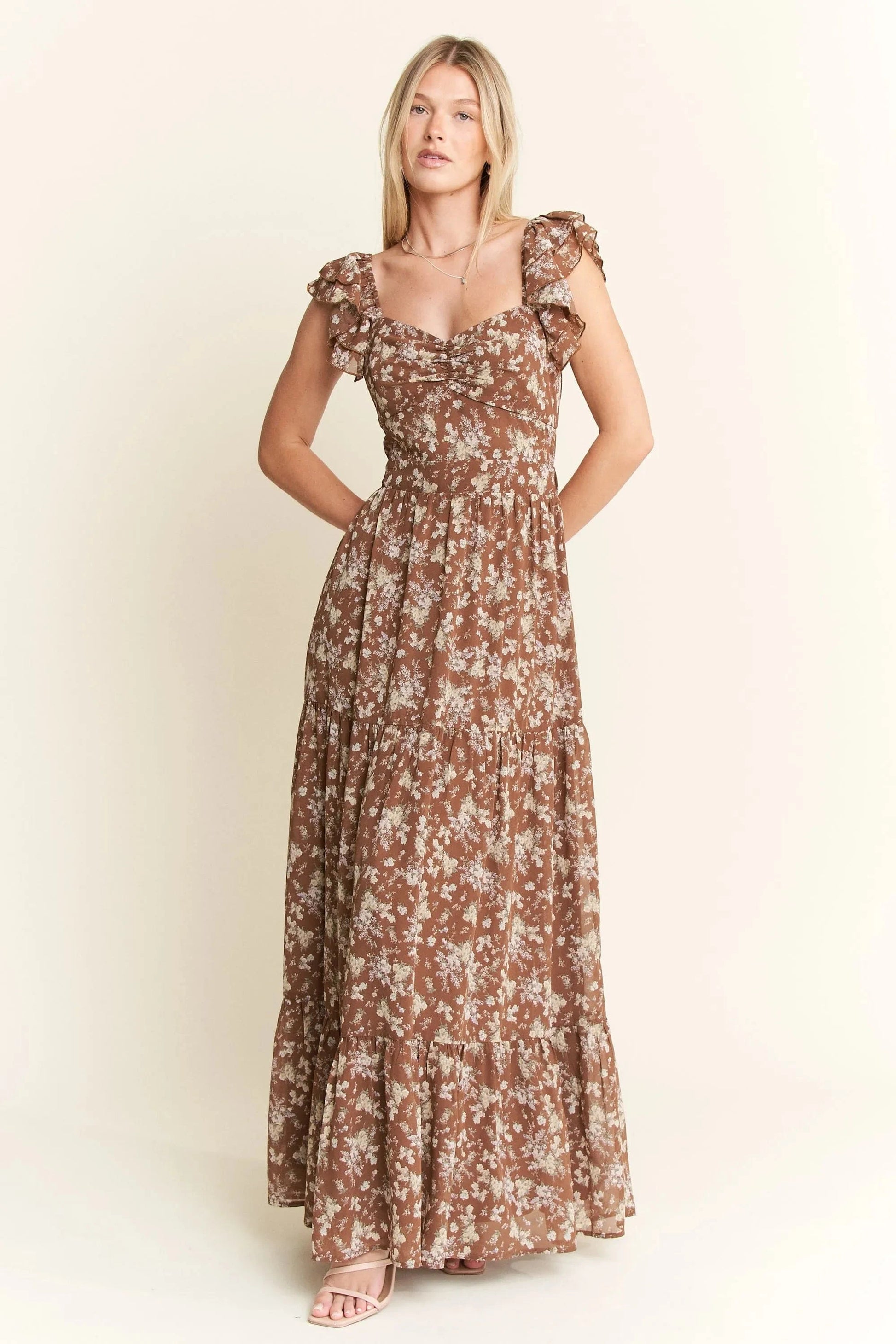 Jade By Jane dresses MOCHA / S Jade By Jane Ruffle Sleeve Tiered Maxi Dress