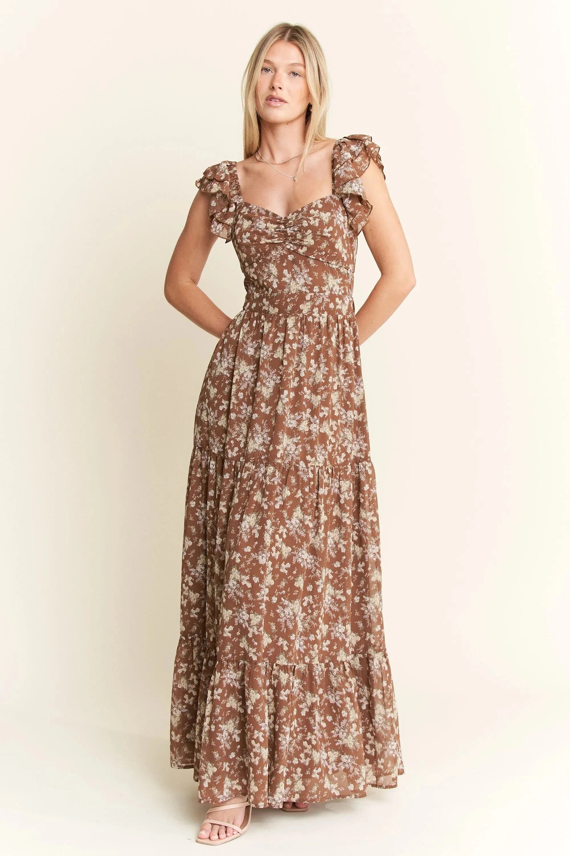 Jade By Jane dresses MOCHA / S Jade By Jane Ruffle Sleeve Tiered Maxi Dress