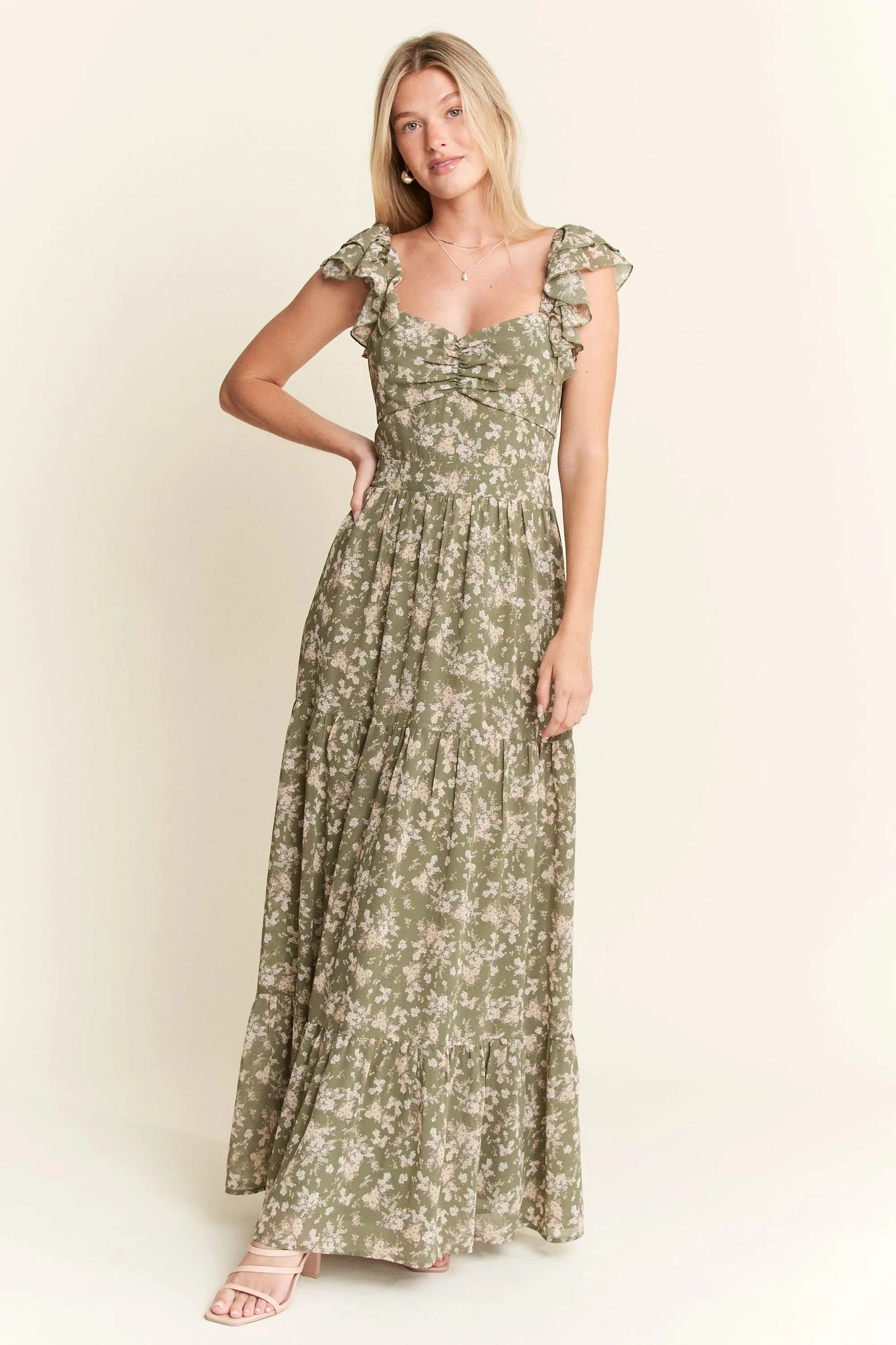 Jade By Jane dresses SAGE / S Jade By Jane Ruffle Sleeve Tiered Maxi Dress