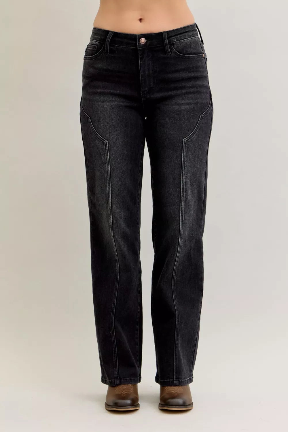 Judy Blue BK / 0(24) Judy Blue Mid Rise Straight Western Seam Detail Jeans