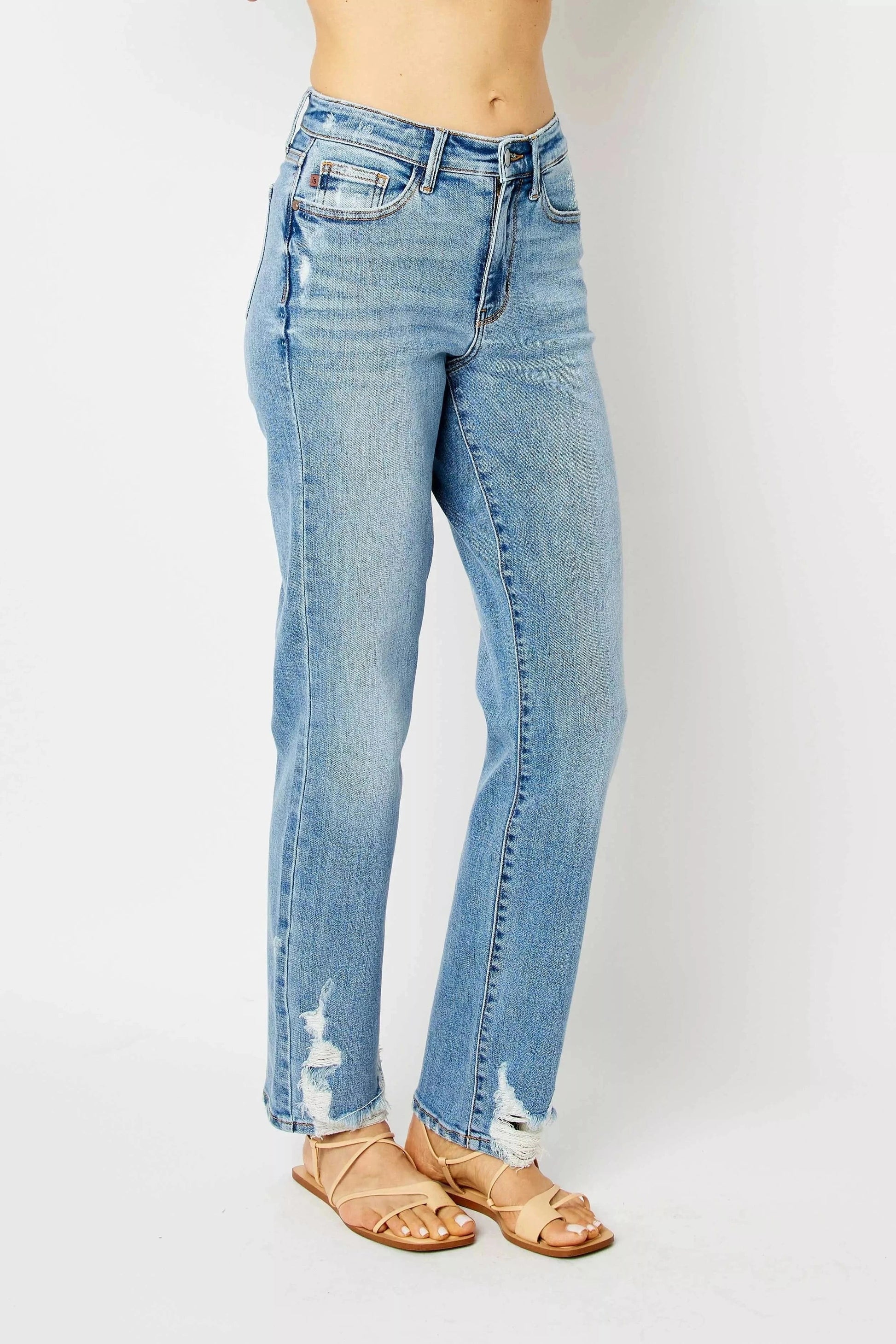 Judy Blue Jeans Plus Size High Waist Straight Jeans – Distressed Raw Hem Denim