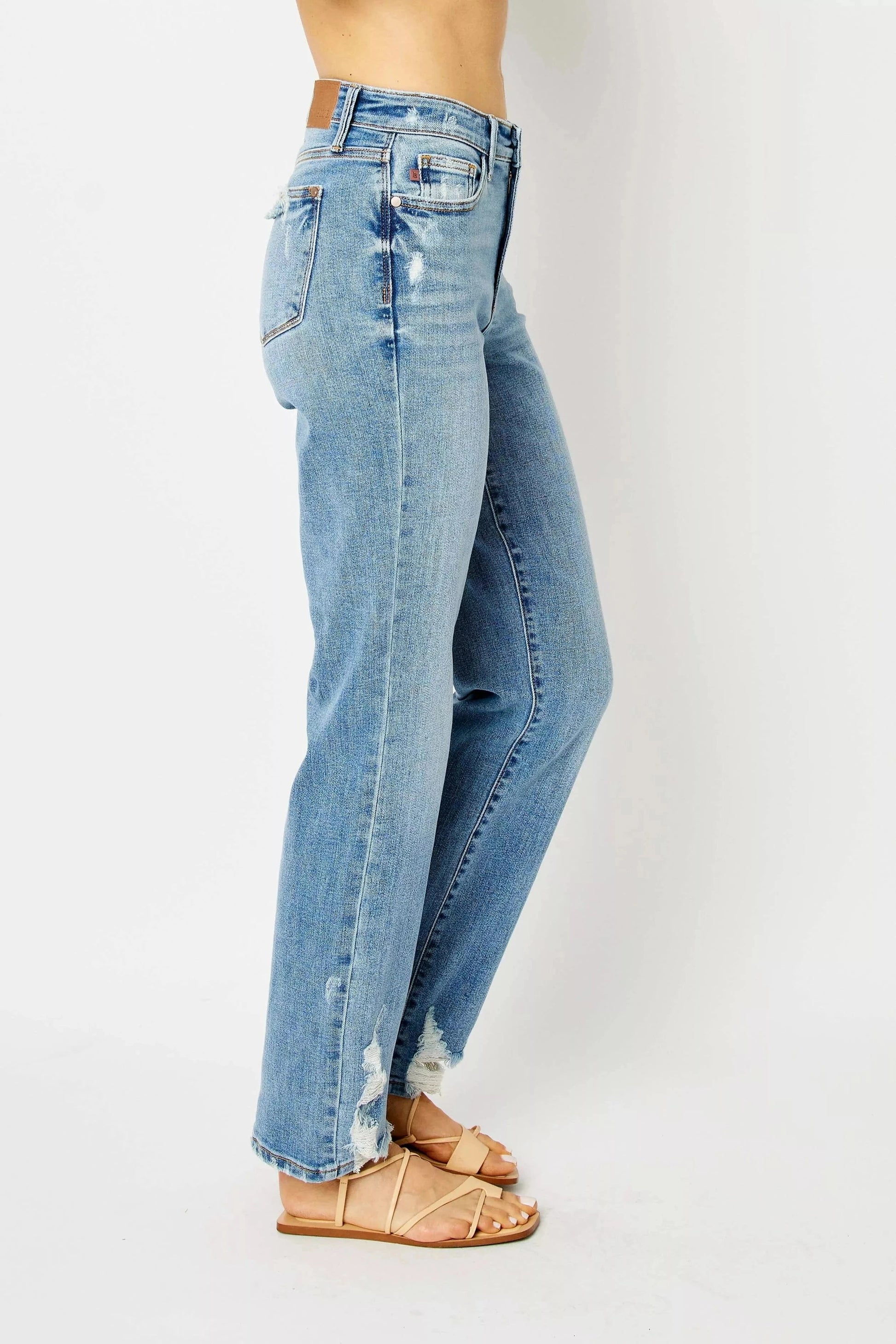 Judy Blue Jeans Plus Size High Waist Straight Jeans – Distressed Raw Hem Denim
