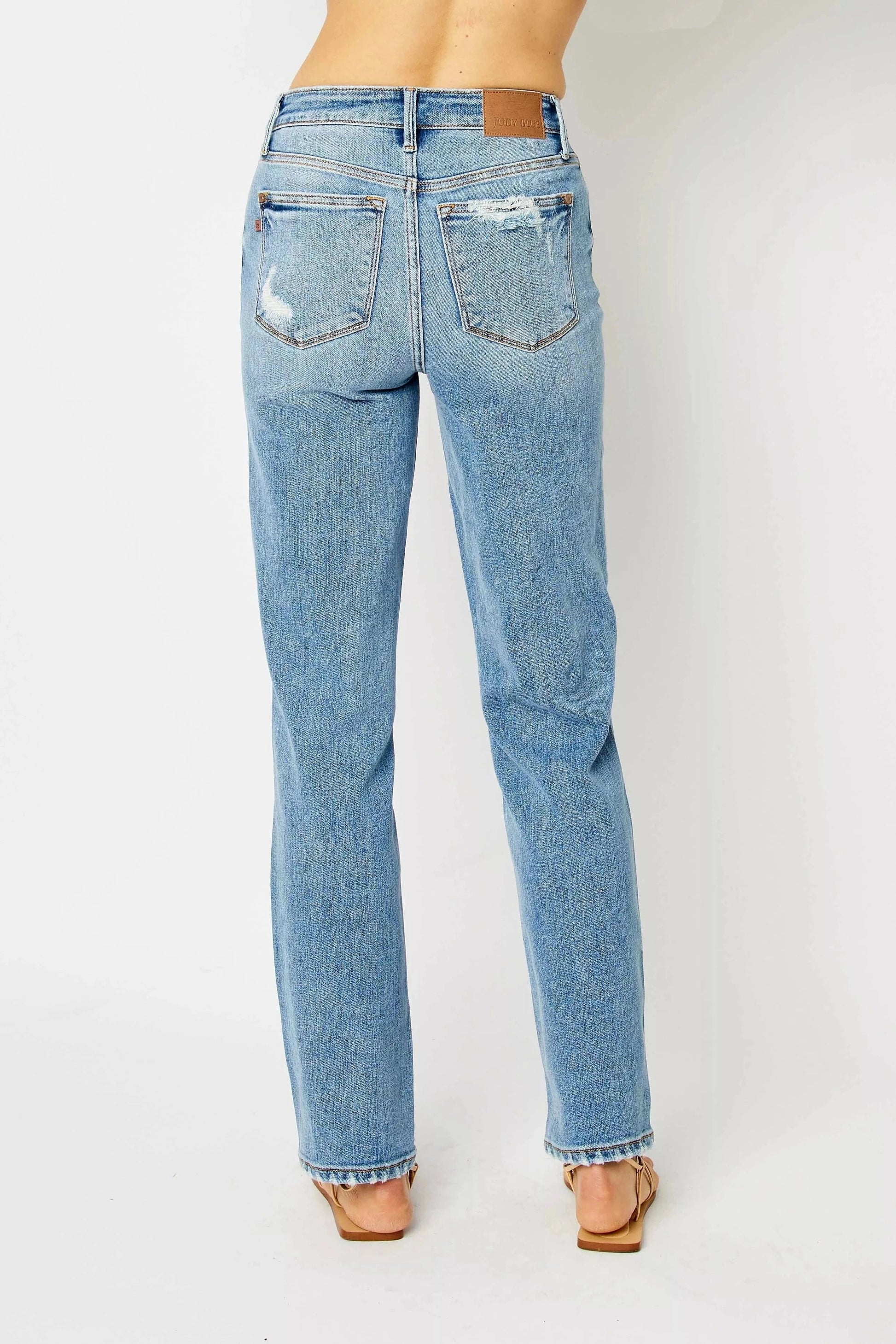 Judy Blue Jeans Plus Size High Waist Straight Jeans – Distressed Raw Hem Denim