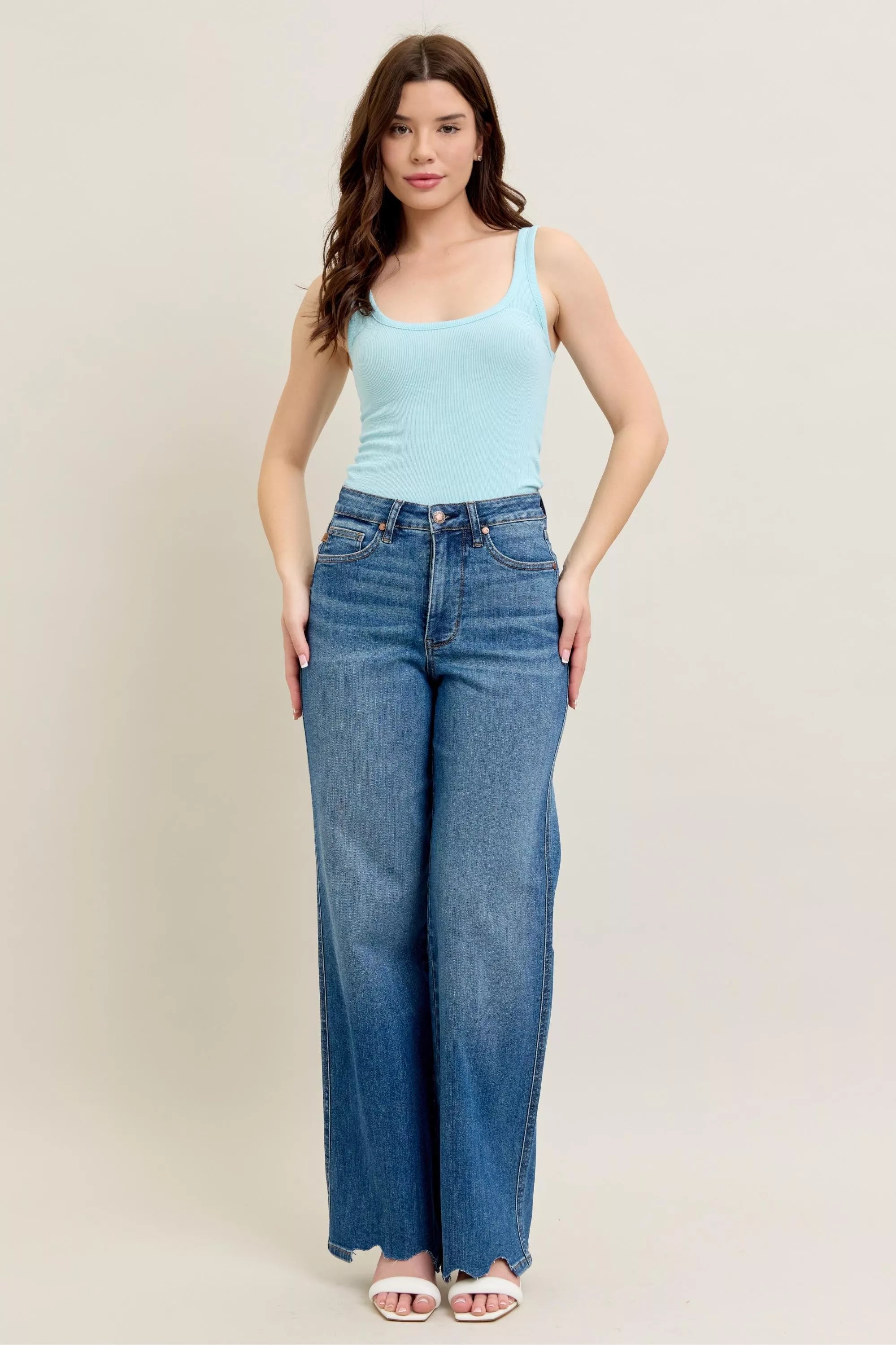 Judy Blue Judy Blue Full Size High Waist Tummy Control Chew Hem Destroy Wide Jeans Plus Size