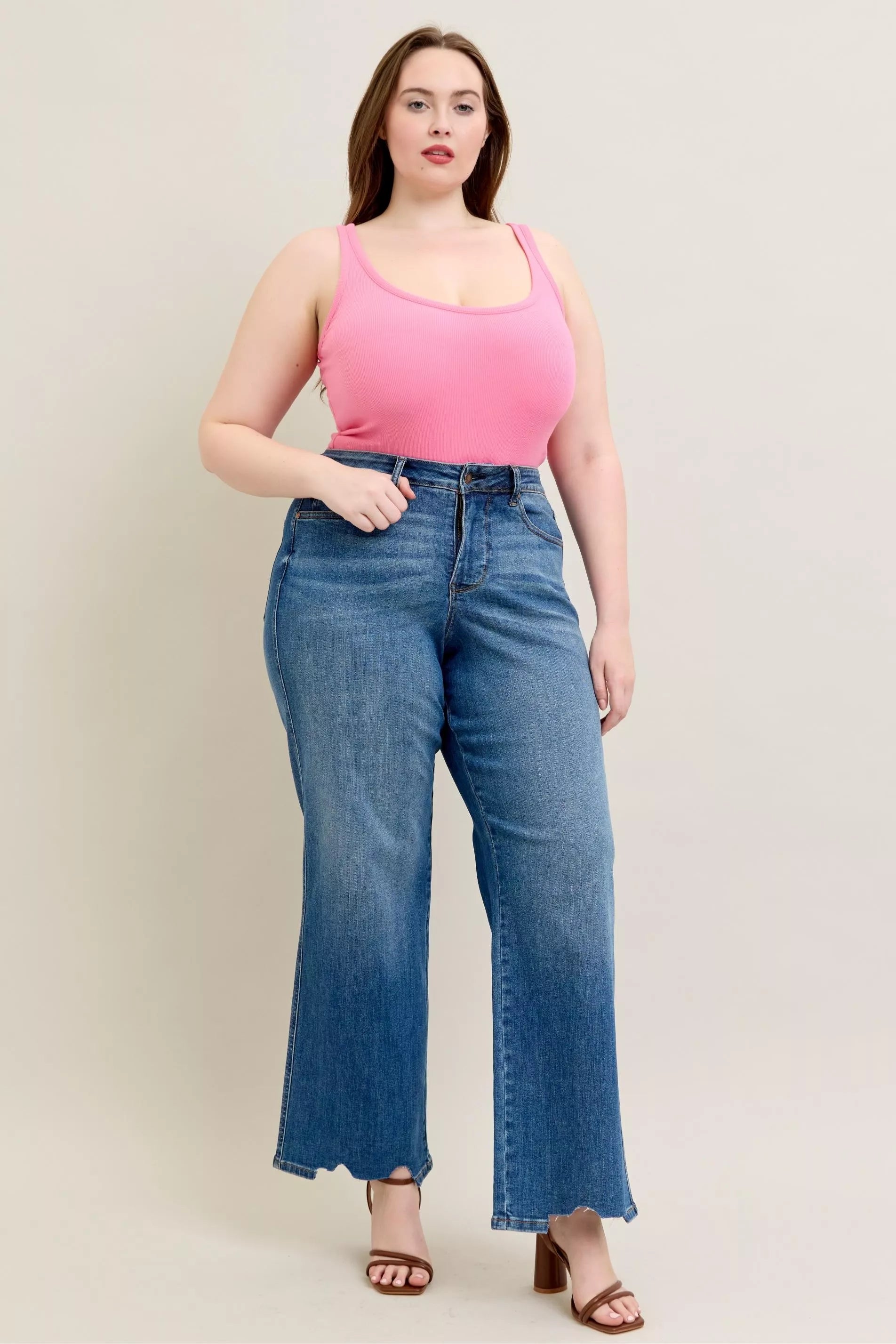 Judy Blue Judy Blue Full Size High Waist Tummy Control Chew Hem Destroy Wide Jeans Plus Size