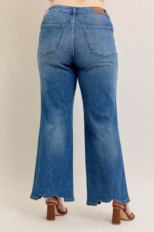 Judy Blue Judy Blue Full Size High Waist Tummy Control Chew Hem Destroy Wide Jeans Plus Size