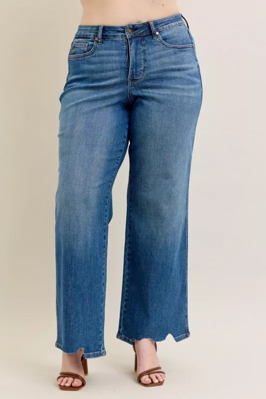 Judy Blue Judy Blue Full Size High Waist Tummy Control Chew Hem Destroy Wide Jeans Plus Size
