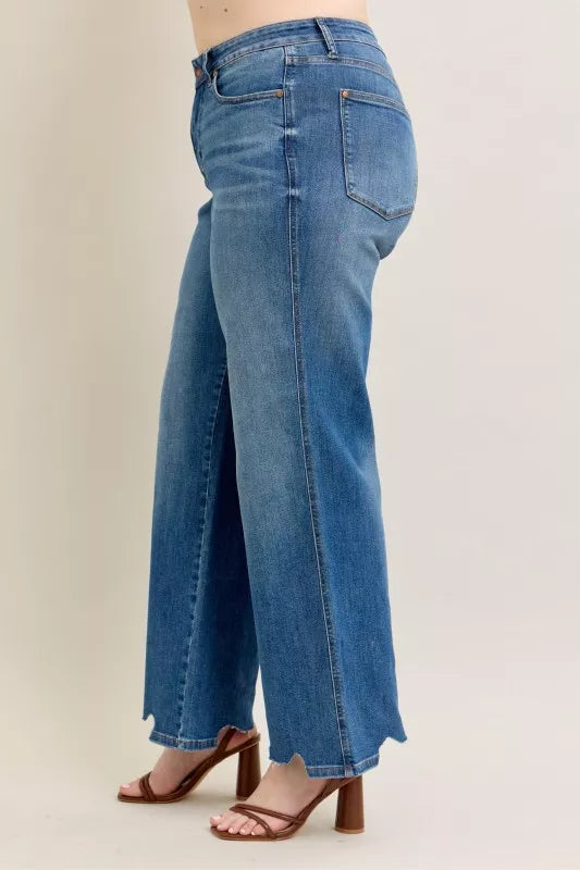 Judy Blue Judy Blue Full Size High Waist Tummy Control Chew Hem Destroy Wide Jeans Plus Size